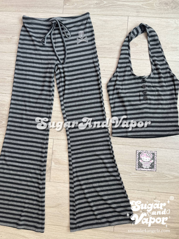Tasha Grugne Knit Stripes Halter Top/Bling Skull Flare Pants-Pants-SugarAndVapor