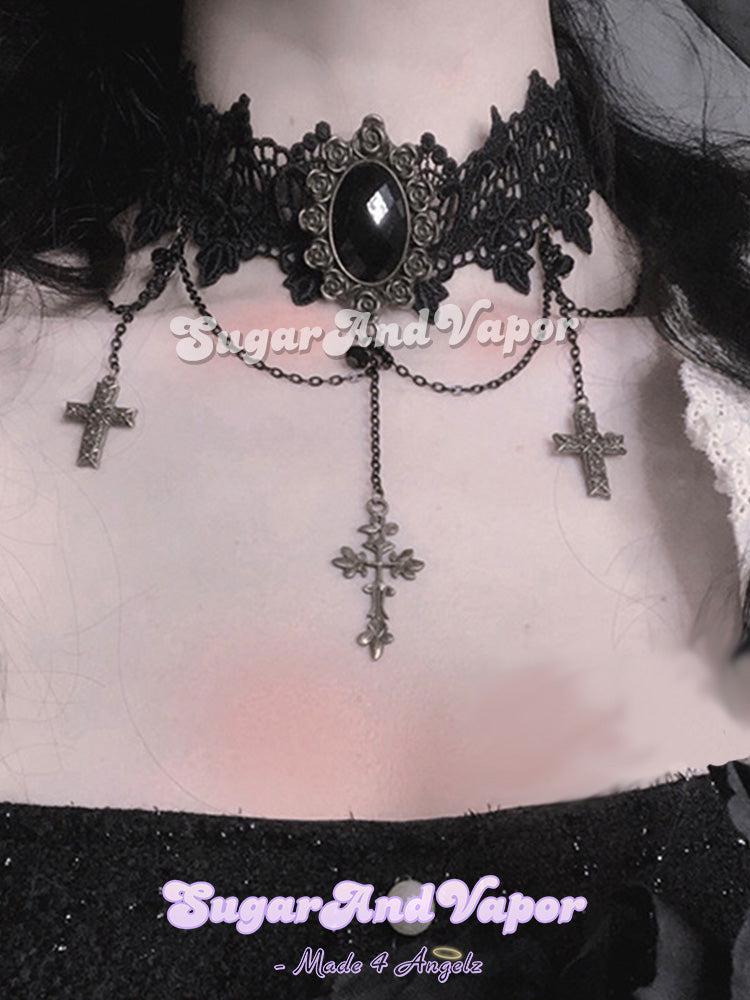 Valkyria Goth Lace Cross Choker-NECKLACES-SugarAndVapor