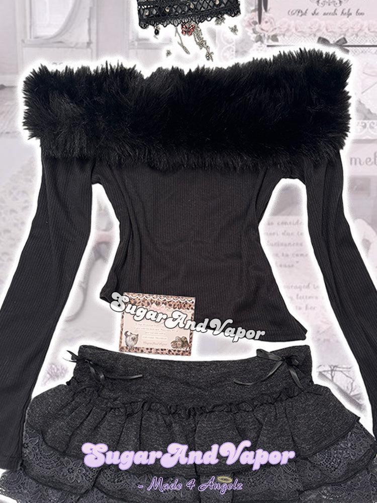 Yilia Dark Furry Off-the-shoulder Long Sleeve Top-TOPS-SugarAndVapor
