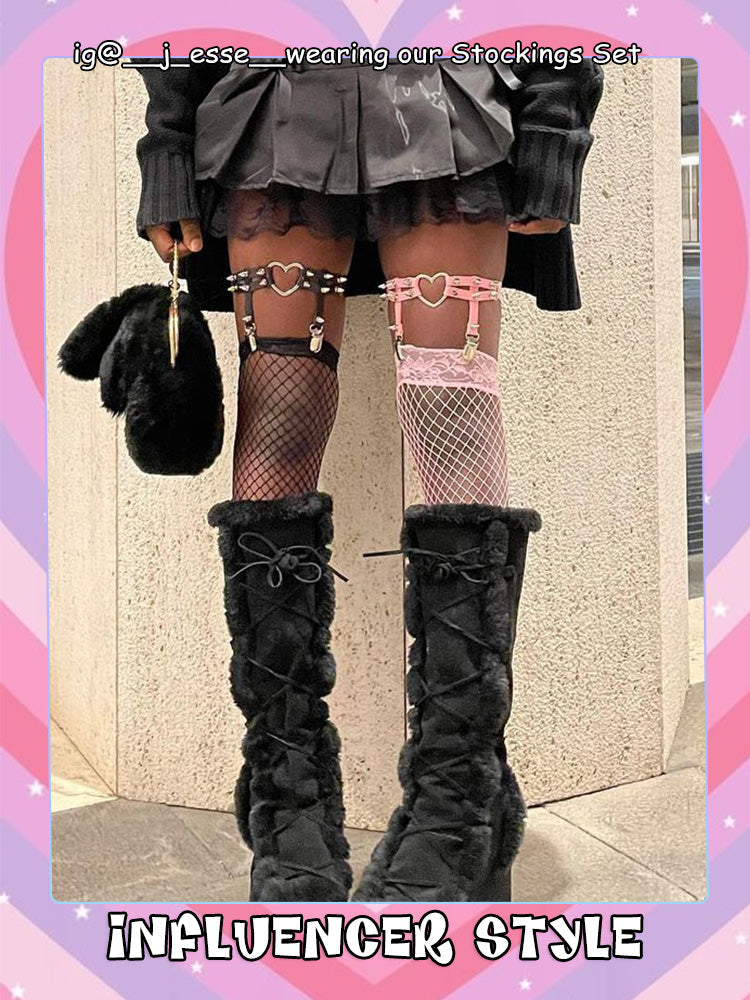 Yin Yang Pu Garter+Lace Fishnet Stockings Set-SOCKS & TIGHTS-SugarAndVapor