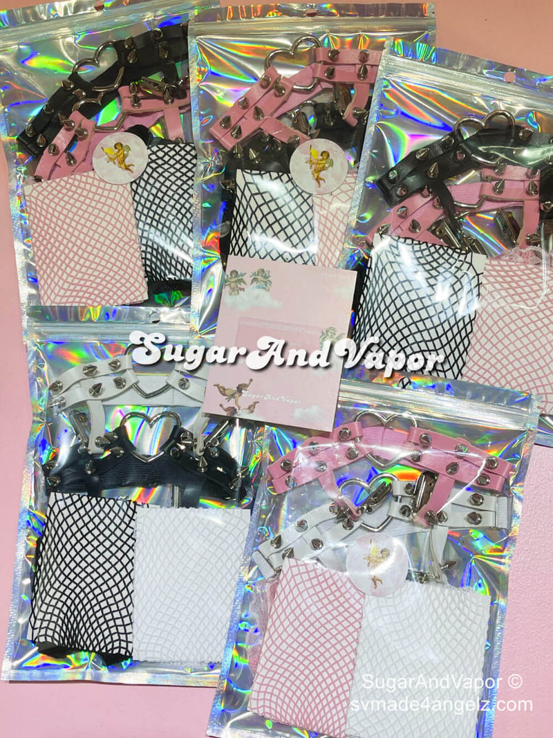Yin Yang Pu Garter+Lace Fishnet Stockings Set-SOCKS & TIGHTS-SugarAndVapor