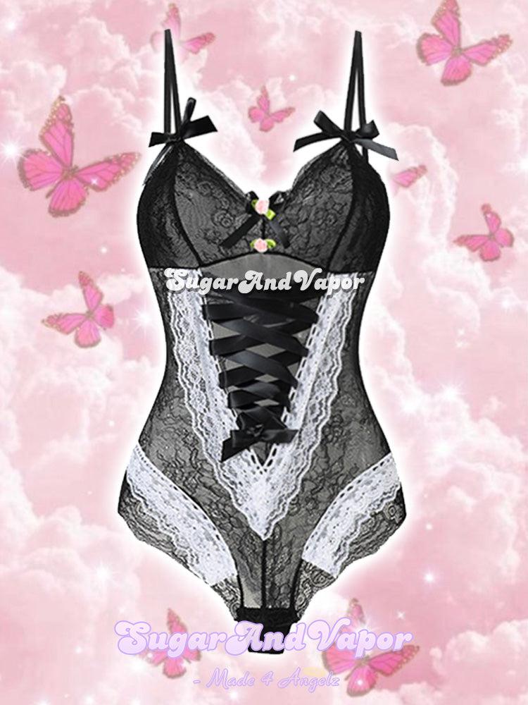 Akina Lace Patch Bodysuit Lingerie (Petite Size)-Lingeries-SugarAndVapor