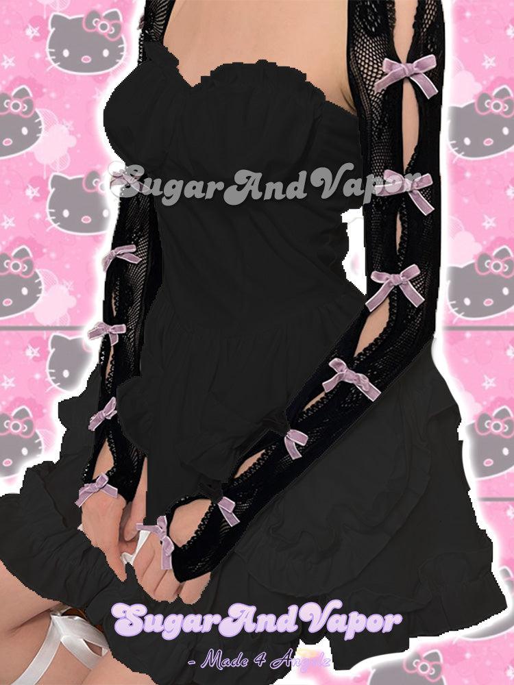 Alanis Bows Fishnets Sleeves Gloves Shrug Top-TOPS-SugarAndVapor