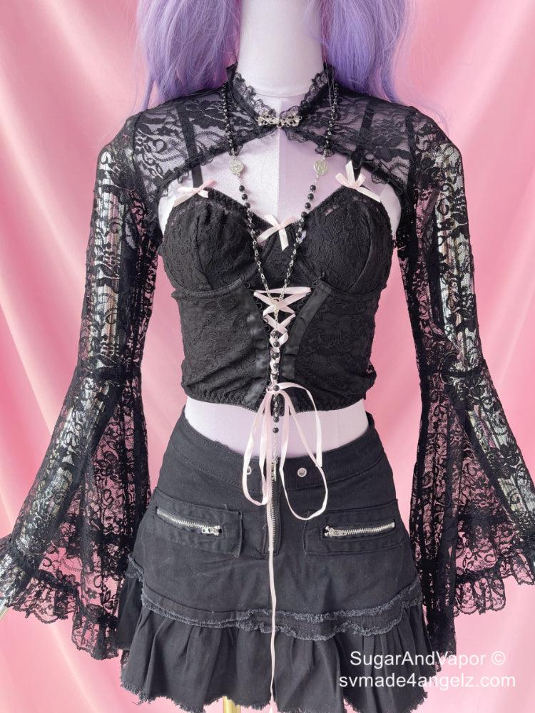 Arete Goth Sheer Lace Sleeve Cover Top-TOPS-SugarAndVapor