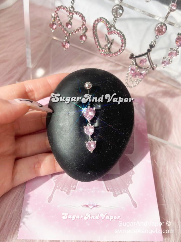 Aria Pink Hearts Danglel Belly Ring-Belly Ring-SugarAndVapor