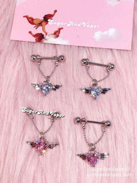 Y2K Bling Pink Hearts Crystals Barbell Nipple Rings Set