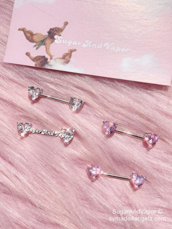 Bling Pink Hearts Crystals Barbell Nipple Rings Set-Nose Ring-SugarAndVapor