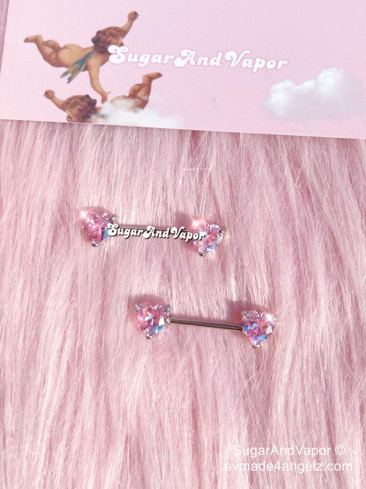Bling Pink Hearts Crystals Barbell Nipple Rings Set-Nose Ring-SugarAndVapor