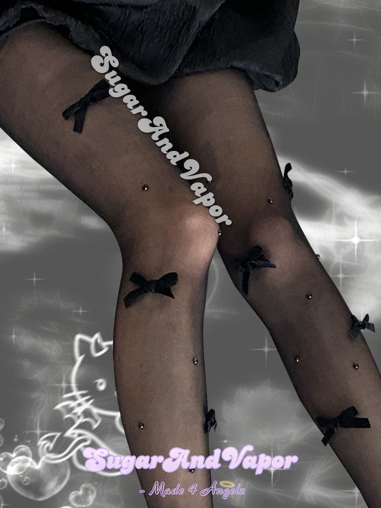 Calista Bows Peals Sheer Pantyhose Tights-SOCKS & TIGHTS-SugarAndVapor