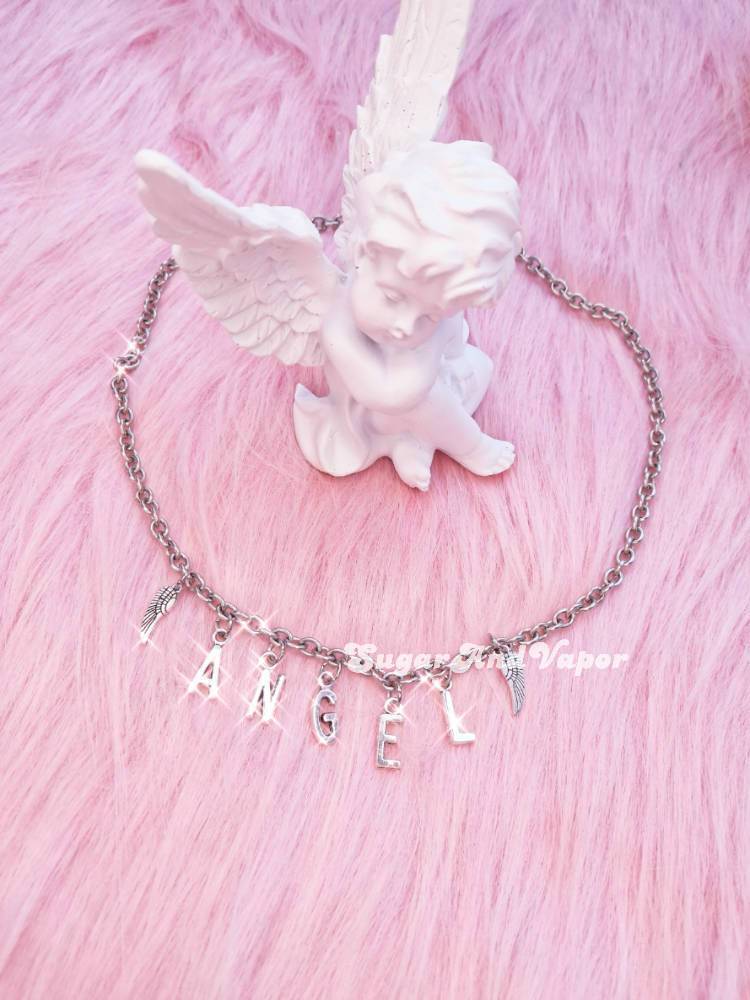 Custom Metal Letters Angel Wings Stainless Steel Choker-NECKLACES-SugarAndVapor