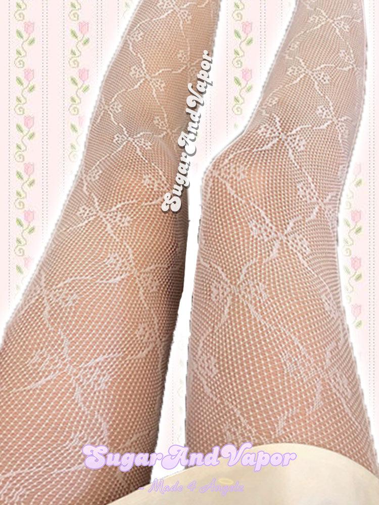 Girly Floral Bownots Fishnet Tights-SOCKS & TIGHTS-SugarAndVapor