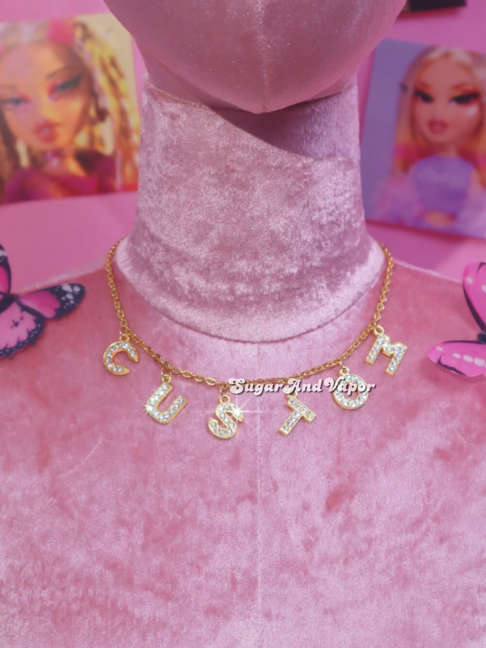 Gold Custom Name Rhinestone Words Stainless Steel Necklace-NECKLACES-SugarAndVapor