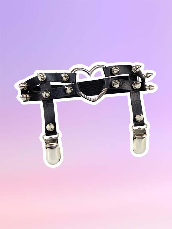 Heart Rivets PU Leg Garter Belt Set-Harness-SugarAndVapor