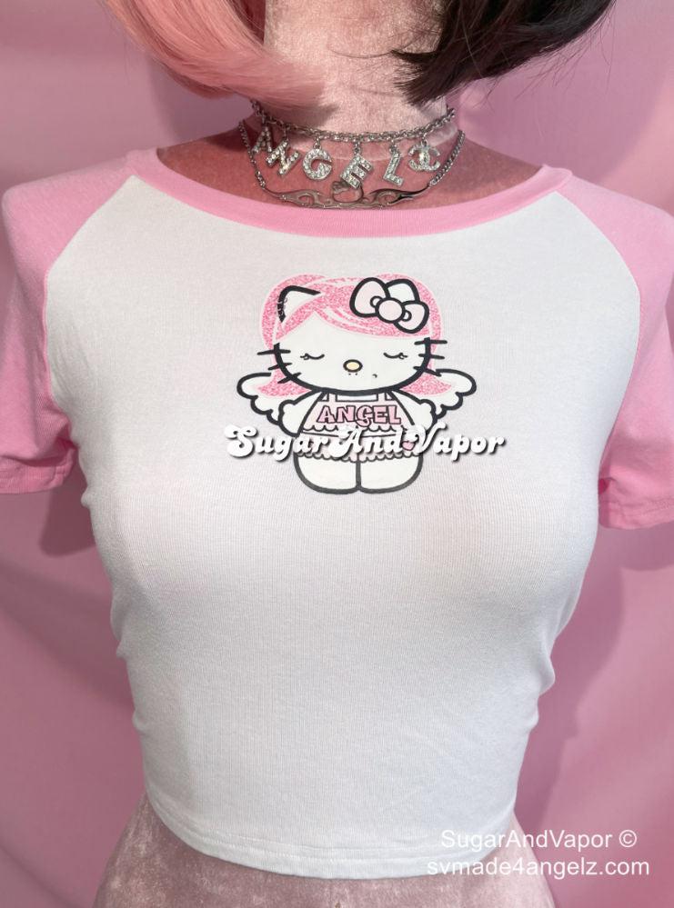 Pink Angel Kitty Raglan Crop Tee-TOPS-SugarAndVapor