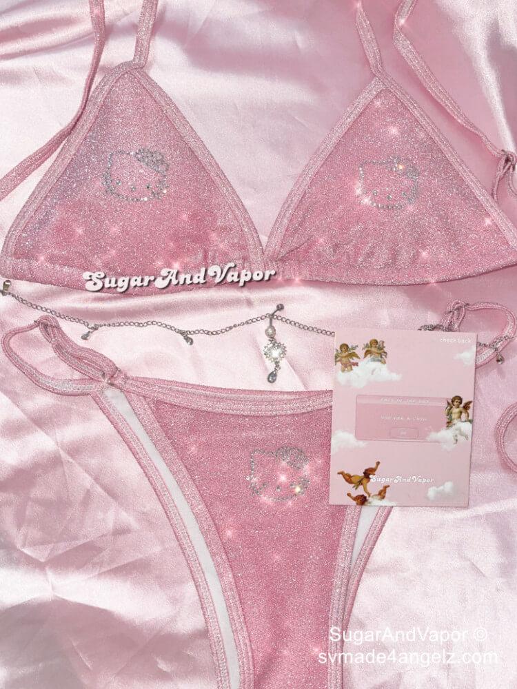 Custom Y2K Bling Kawaii Kitty Glitters Bikini Set-Swimsuits-SugarAndVapor
