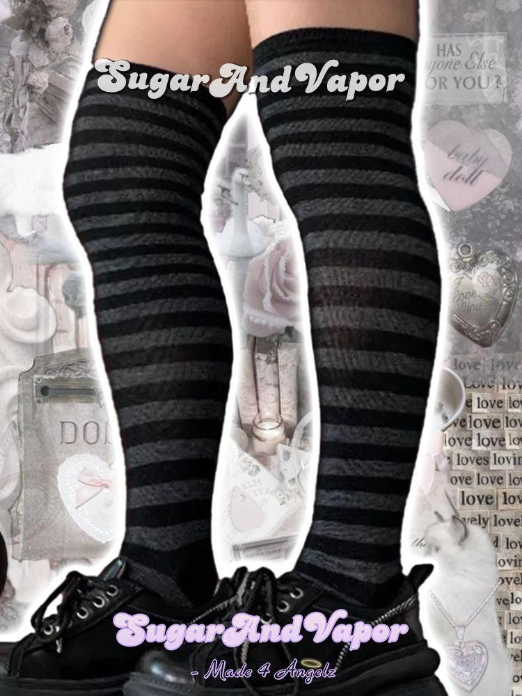 Grunge Dark Grey Stripes Thigh High Stockings-SOCKS & TIGHTS-SugarAndVapor