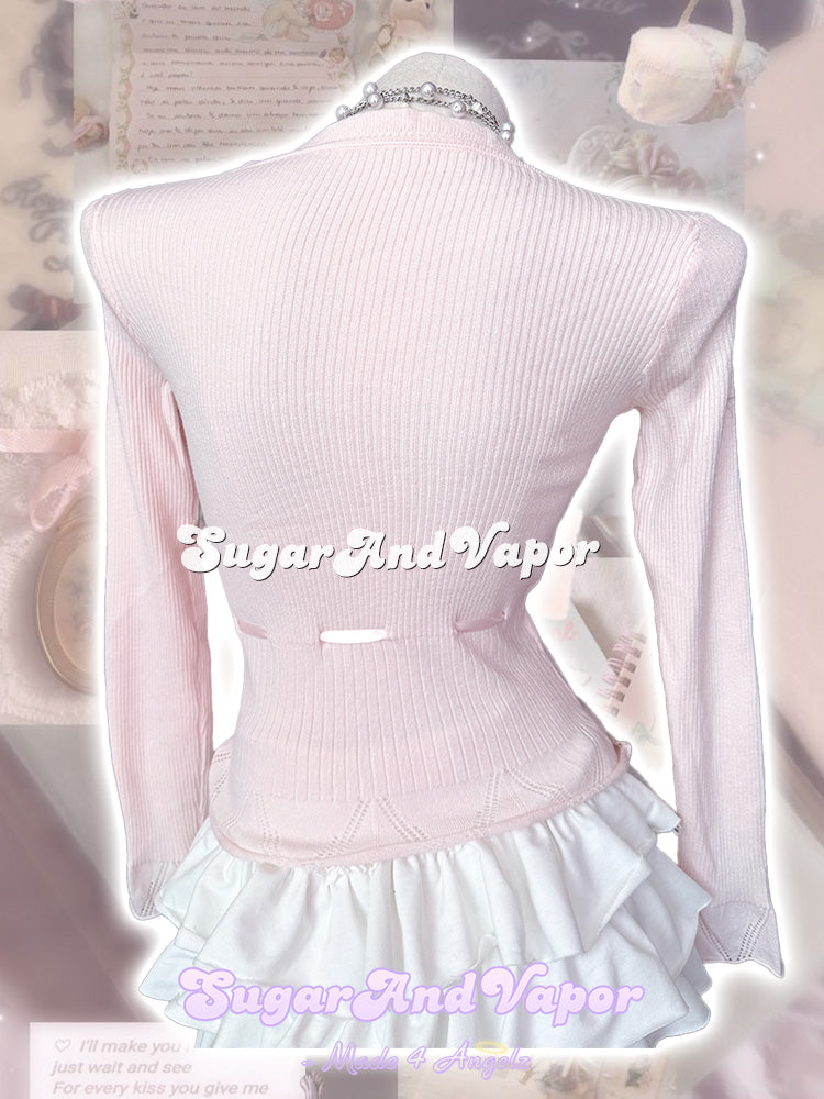 Athena Girly Pink Knit Lace Patch Long Sleeve Top