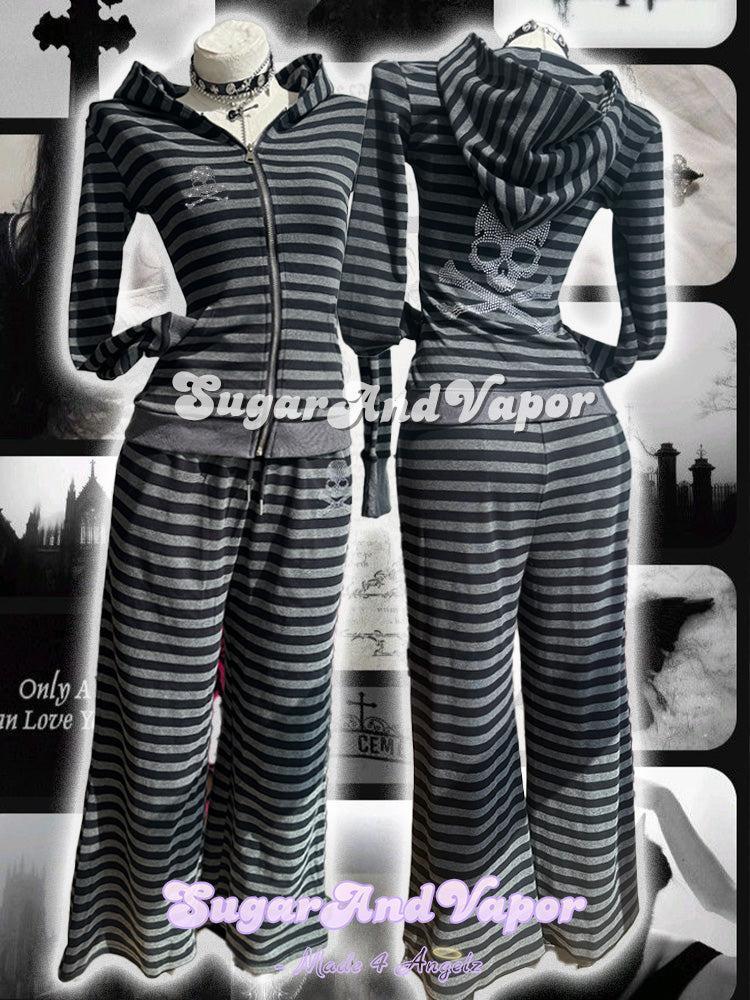Tasha Grunge Stripes Bling Skull Cotton Hoodie Top & Pants-TOPS-SugarAndVapor