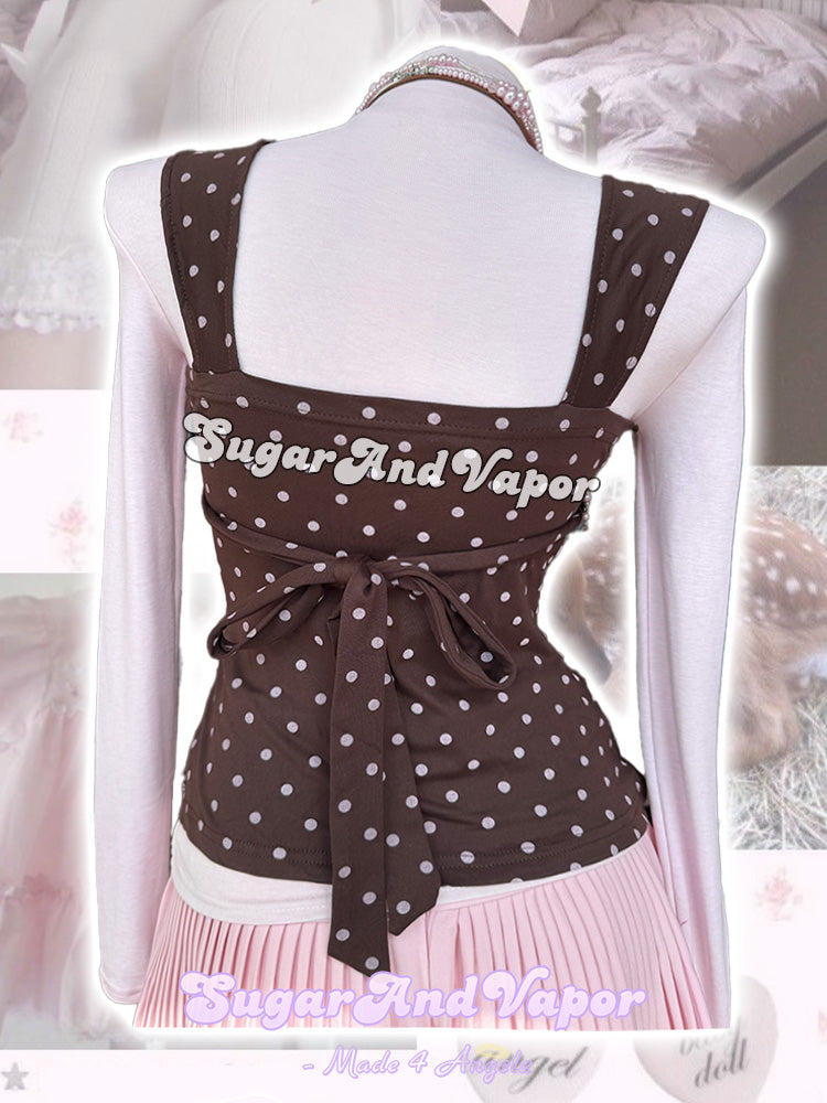 Felice Brown Pink Lace Polka Dot Cute Tank Top