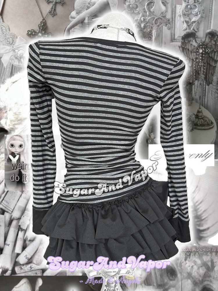 Sabrina Henley Black Grey Stripe Fitted Top-TOPS-SugarAndVapor