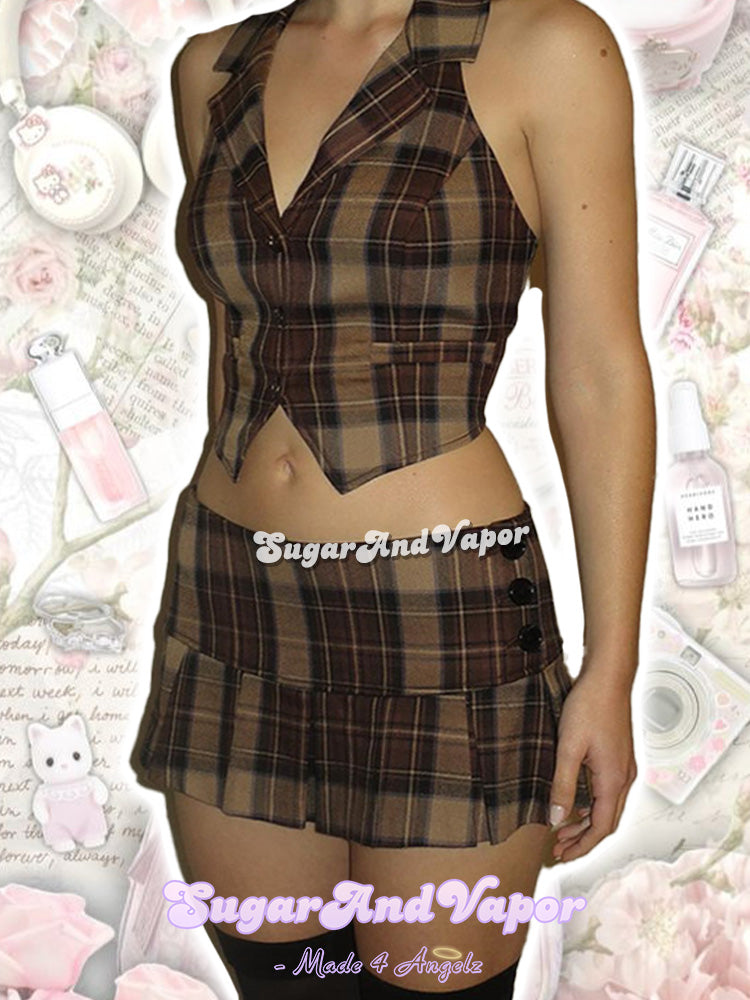 Abeia Brown Plaid Halter Top& Tennis Skirt-TOPS-SugarAndVapor