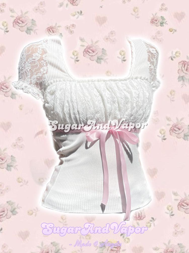 Adella Pink Ribbon White Lave Short Sleeve Top-TOPS-SugarAndVapor