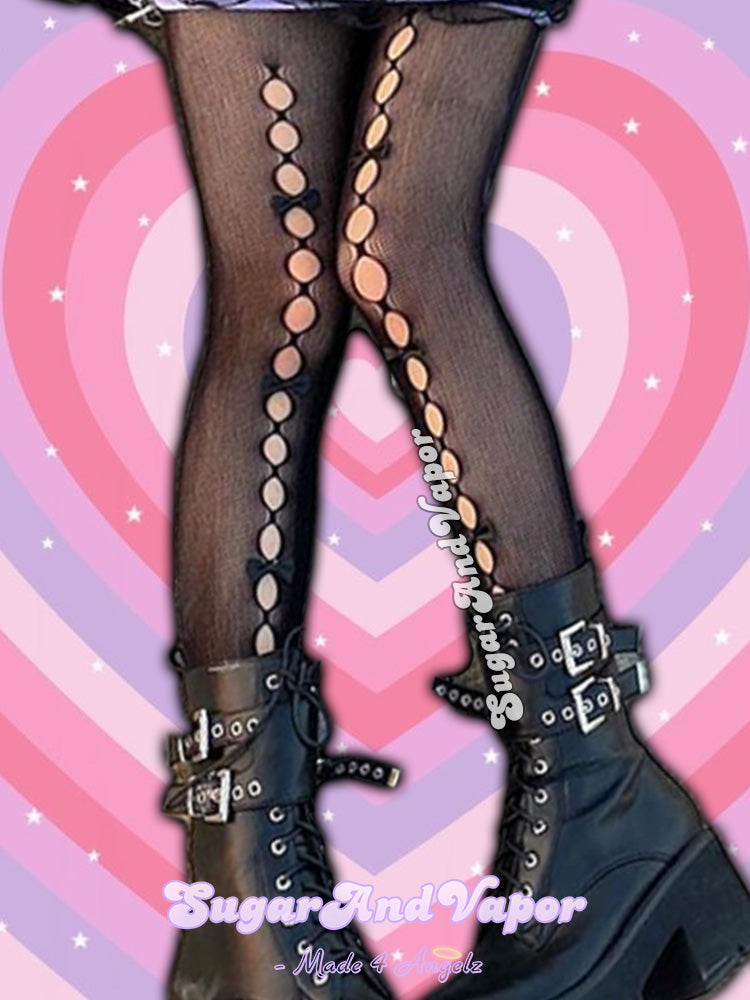 Alvara Lolita Cut-out Bow Fishnet Tights-SOCKS & TIGHTS-SugarAndVapor