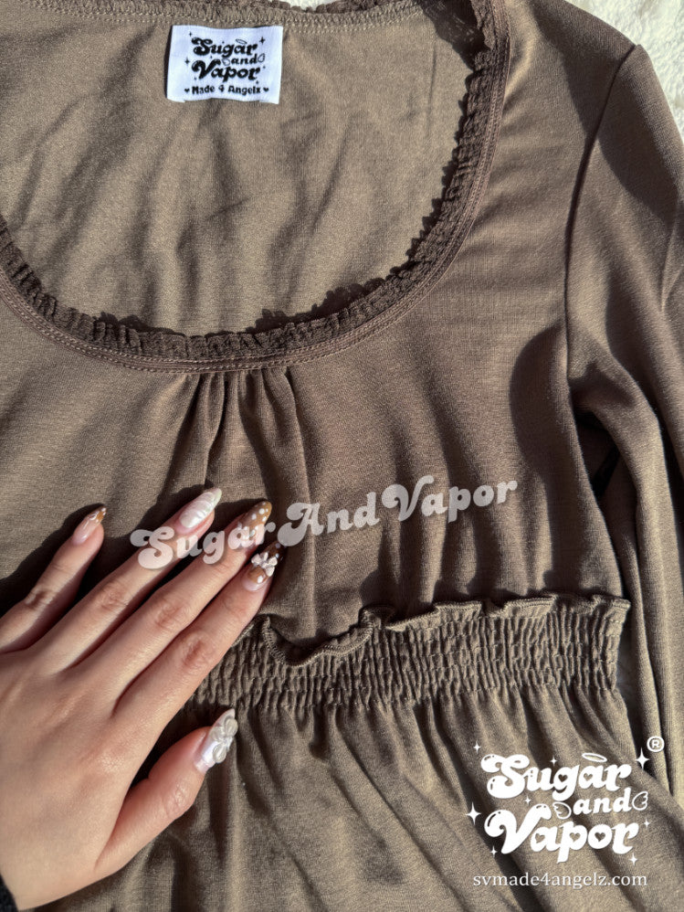 Amabel Olive Brown Babydoll Long Sleeve Top-TOPS-SugarAndVapor