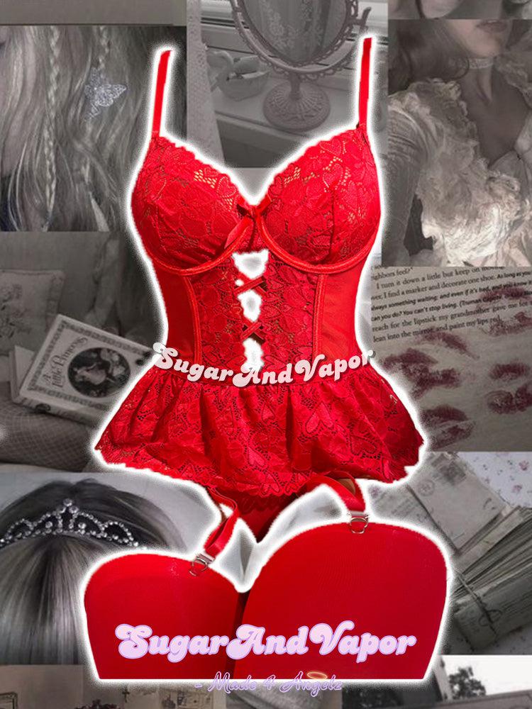 Anya Lace Red Bodysuit Lingerie-Lingeries-SugarAndVapor
