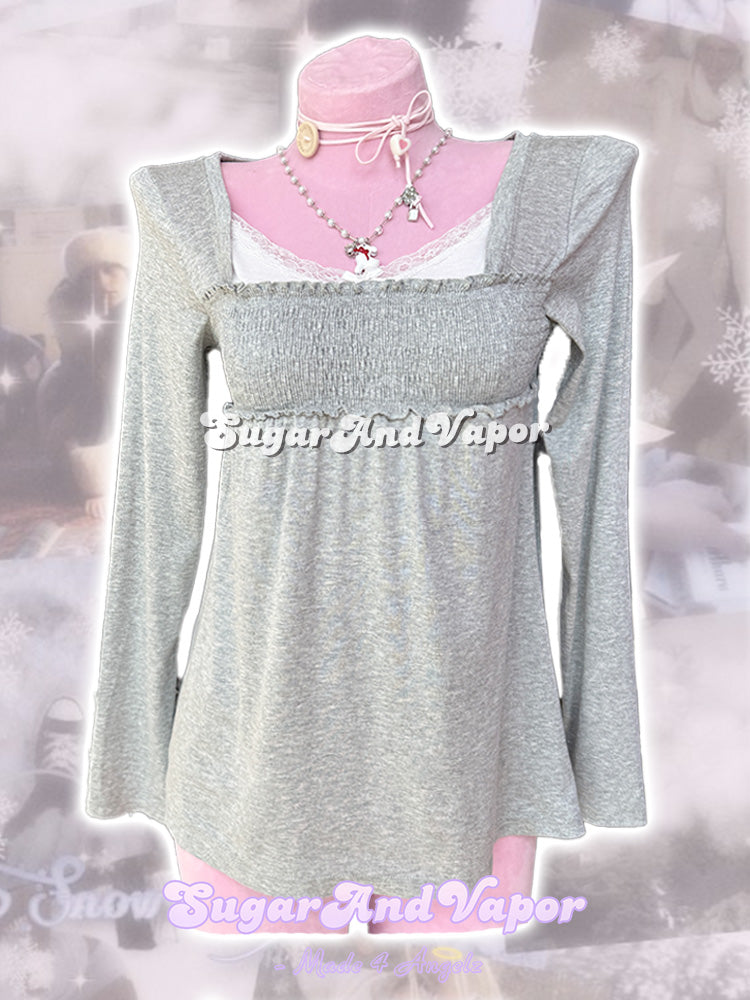 Arlyse Grey Patch Lace Babydoll Long Sleeve Top-TOPS-SugarAndVapor