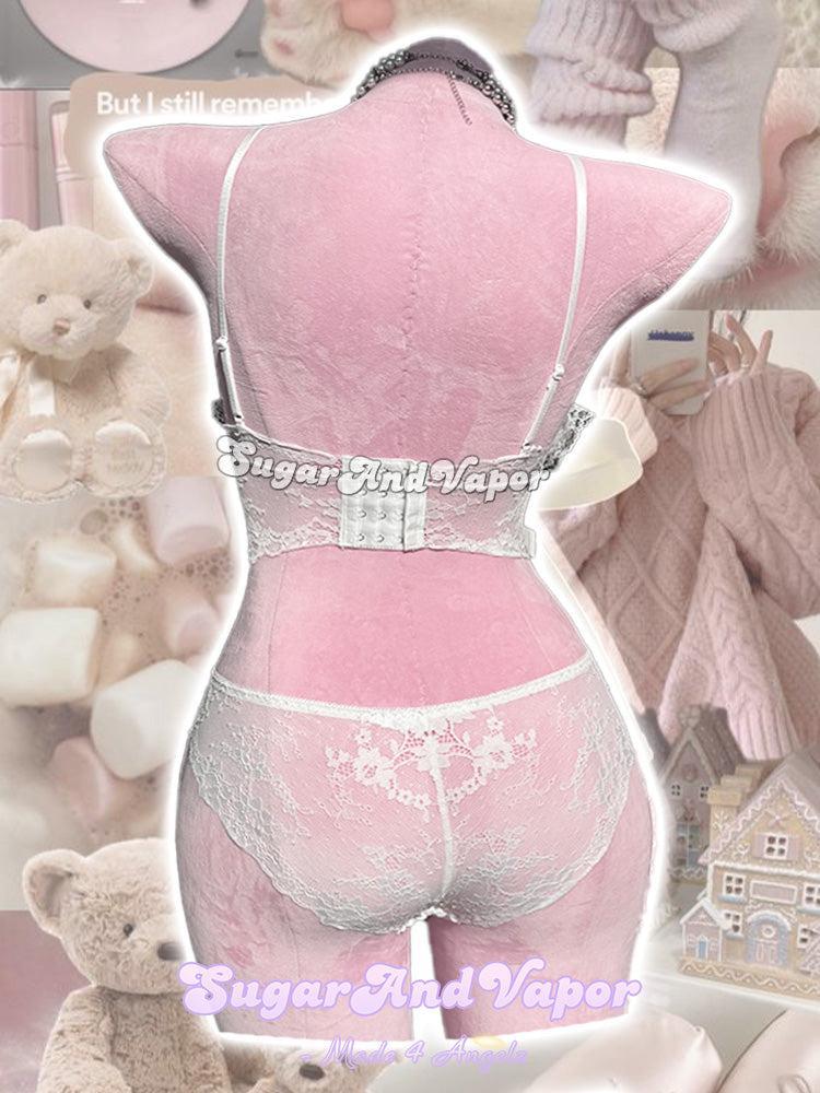 Asena Girly Pink Bows Lace Bustier Top Lingerie Set-Lingeries-SugarAndVapor