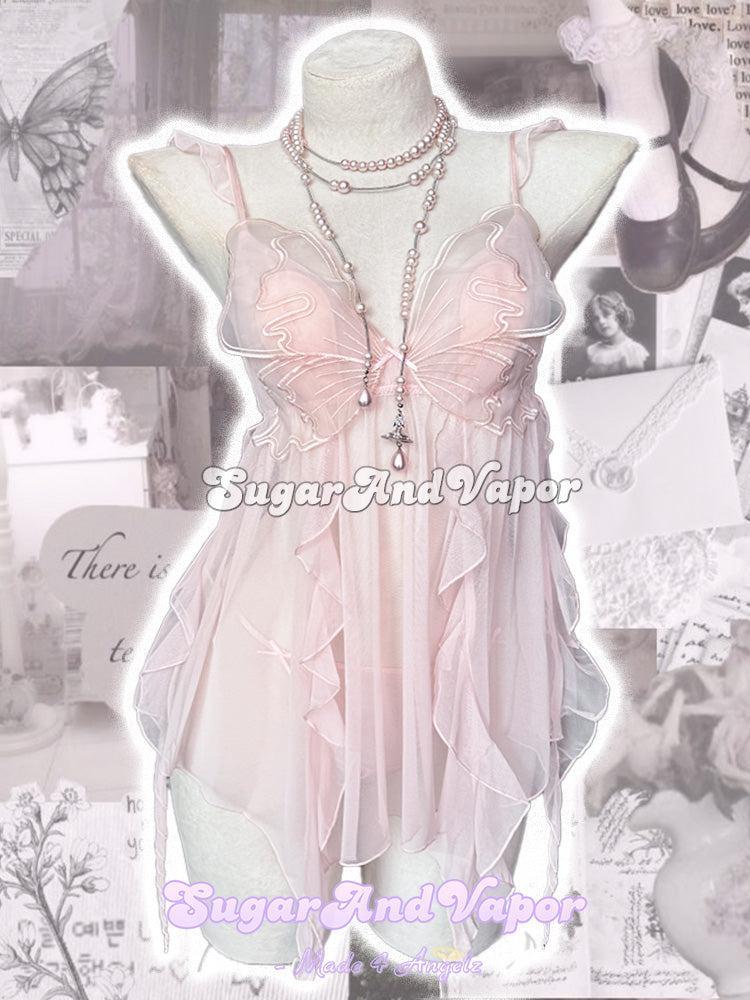 Aurelia Pink Butterfly Mesh Dress Fairy Lingerie Set-Lingeries-SugarAndVapor