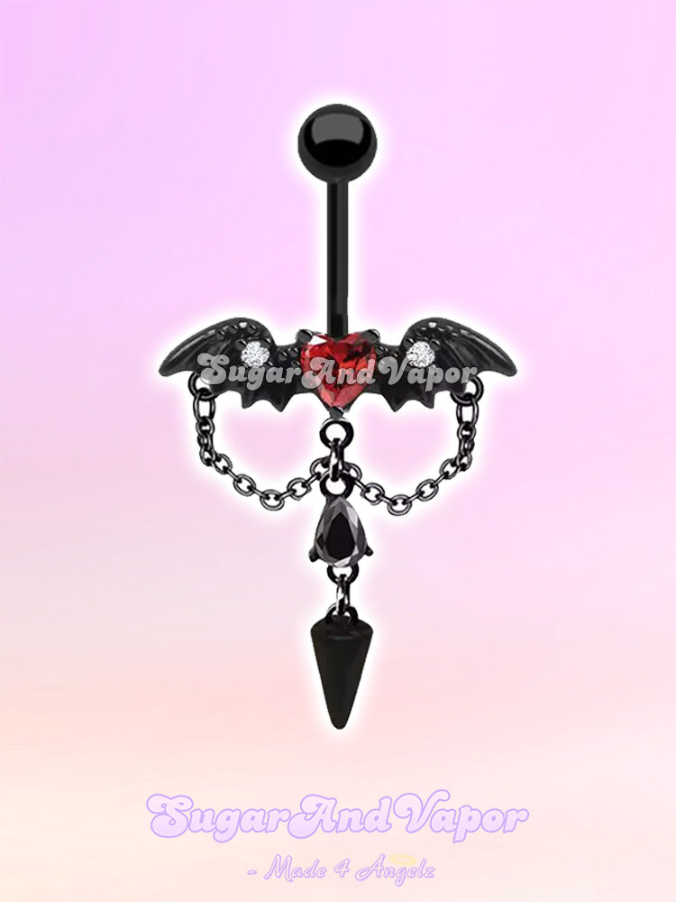 Black Dark Wings Red Heart Belly Ring-Belly Ring-SugarAndVapor