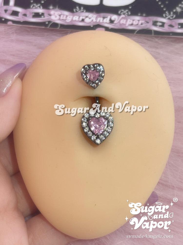Black Pink Double Hearts Gem Belly Ring-Belly Ring-SugarAndVapor