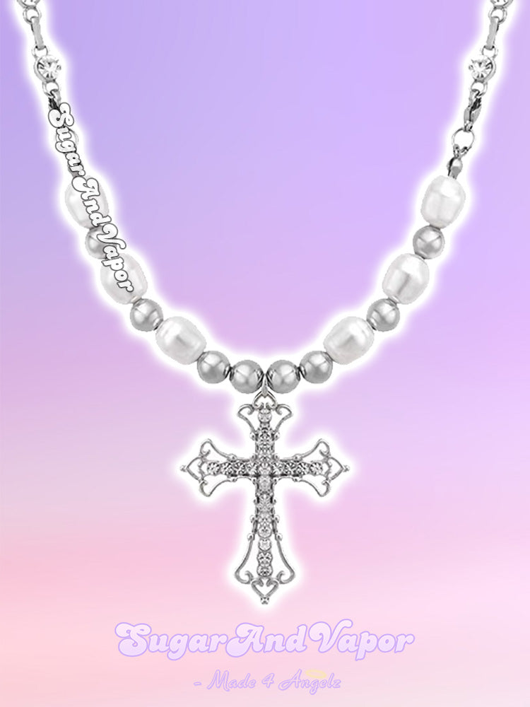 Bling Baroque Cross Pearls Choker-NECKLACES-SugarAndVapor