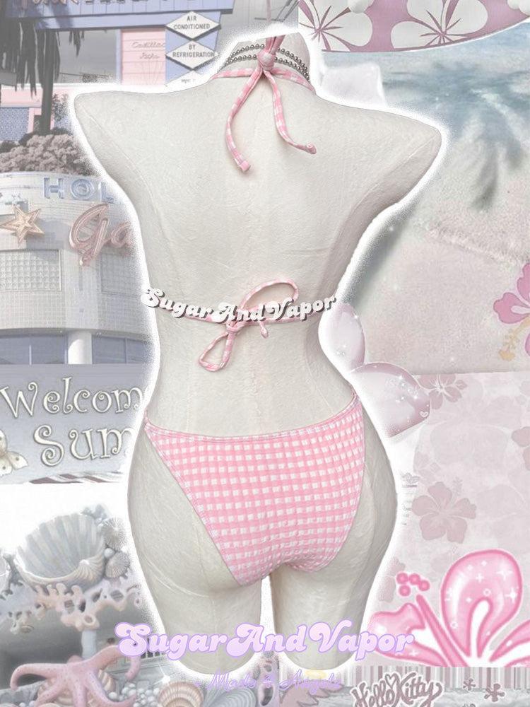 Bonnie Pink Gingham Dollcore Girly Bikini Set-Swimsuits-SugarAndVapor