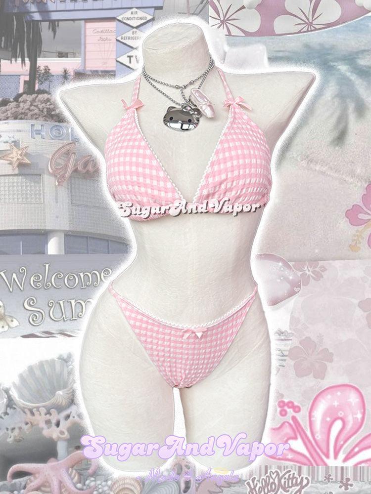 Bonnie Pink Gingham Dollcore Girly Bikini Set-Swimsuits-SugarAndVapor
