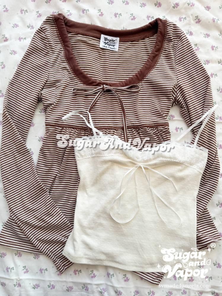 Café Latte Dollette Striped Babydoll Long Sleeve Top-TOPS-SugarAndVapor