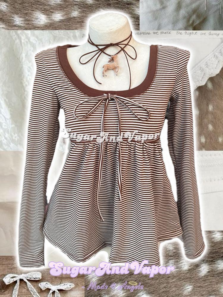 Café Latte Dollette Striped Babydoll Long Sleeve Top-TOPS-SugarAndVapor