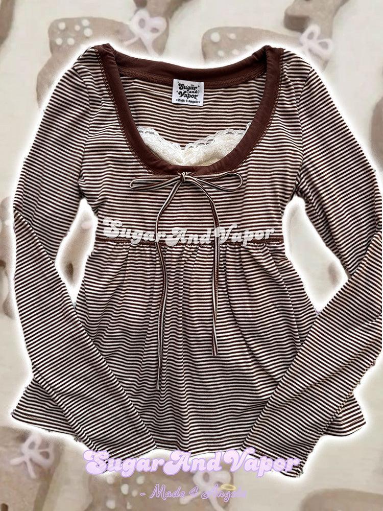 Café Latte Dollette Striped Babydoll Long Sleeve Top-TOPS-SugarAndVapor