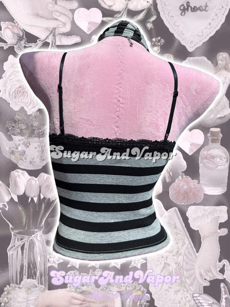 Cara Grey Stripe V-neck Crop Top with Y2K Neck Scarf-TOPS-SugarAndVapor