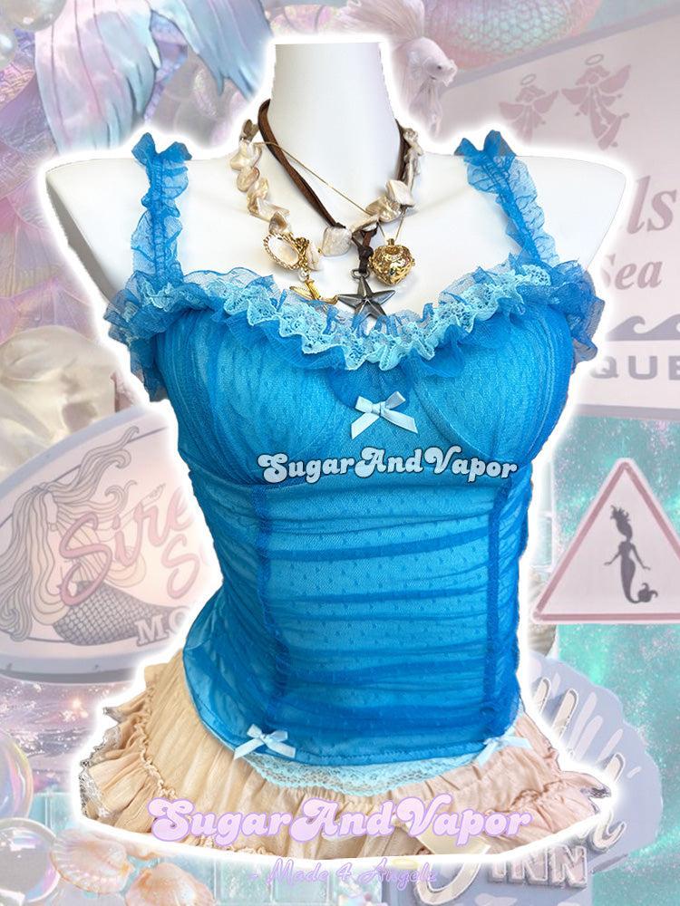 Clarisse Ocean Blue Mesh Ruffle Cami Top-TOPS-SugarAndVapor