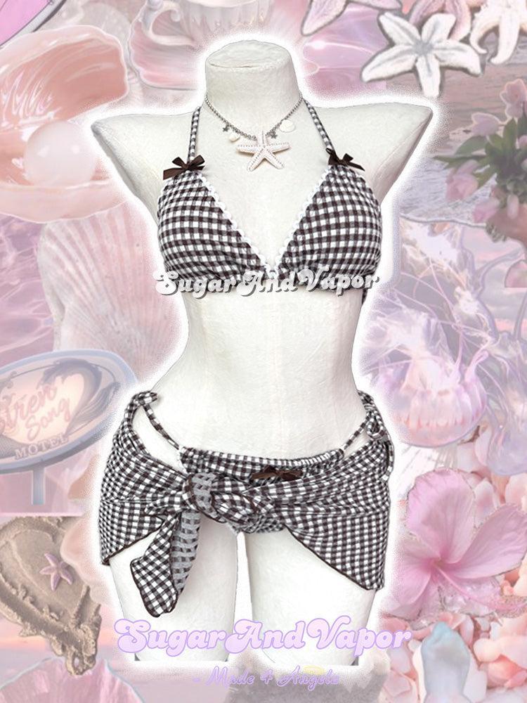 Cocoa Gingham Darling 3 Pieces Bikini Set-Swimsuits-SugarAndVapor