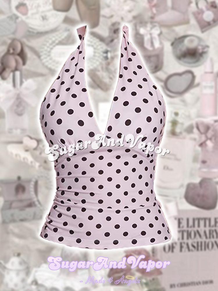 Colette Pink Polka Y2K V-neck Halter Top-TOPS-SugarAndVapor
