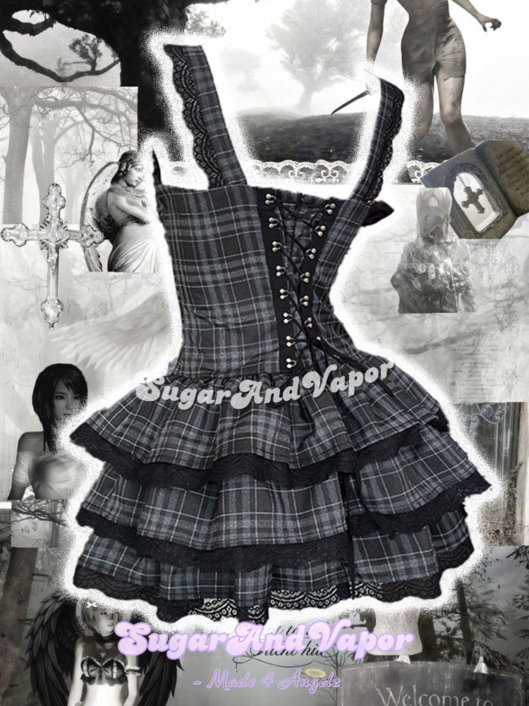 (Coming Soon) Grunge Doll Black Plaid Lace Edition Flared Dress 4.0 (Three Layered Dress)-DRESSES-SugarAndVapor