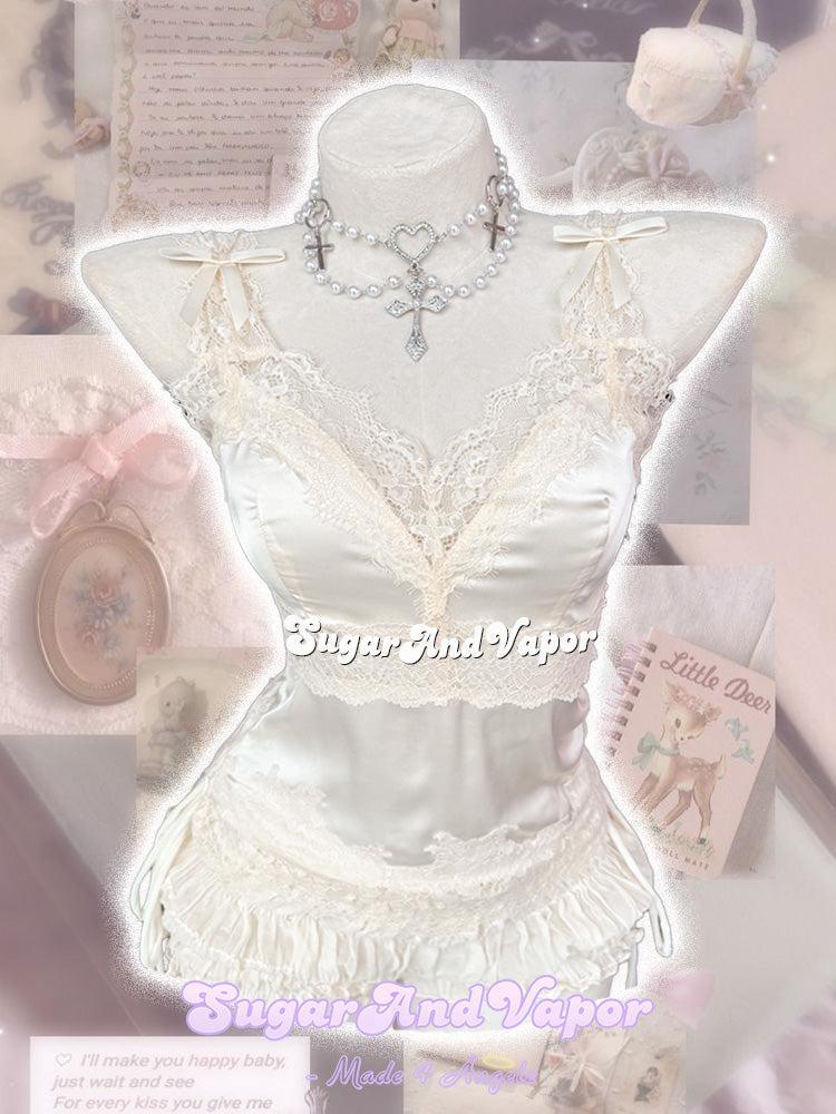 Cream Rosette Satin Lace Cami Top-TOPS-SugarAndVapor