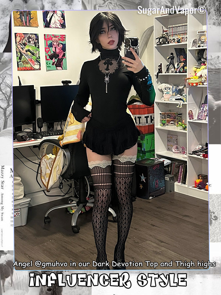 Dark Devotion Gothic Mesh Cross Long Sleeve Top-TOPS-SugarAndVapor