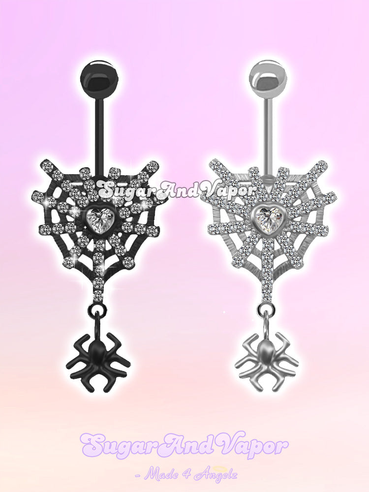 Dark Heart Bling Spider Web Belly Ring-Belly Ring-SugarAndVapor