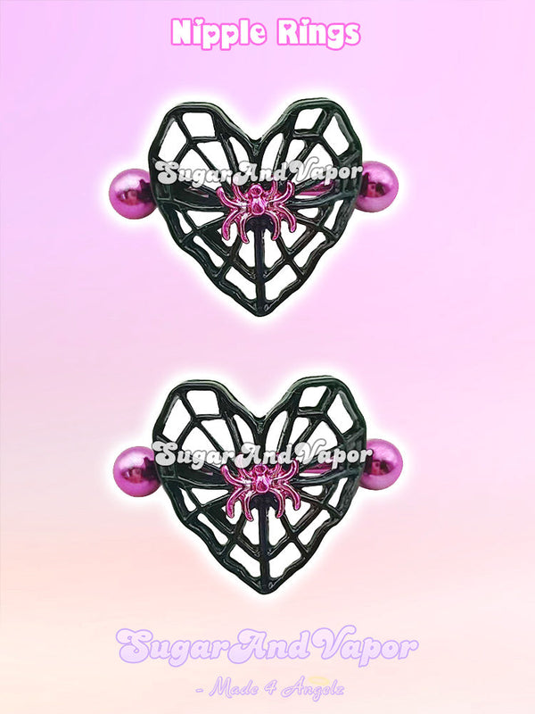 Dark Princess Spider Heart Web Nipple Rings Set-Nipple Rings-SugarAndVapor
