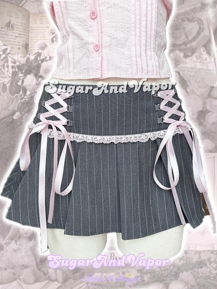 Elsa Lace-Up Pinstripe Pleated Mini Skirt-Skirts-SugarAndVapor